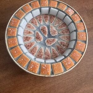 Pretty Handmade Orange and Gray Blue Mosaic brass Decorative dish 4”🧡😍💁🏼‍♀️